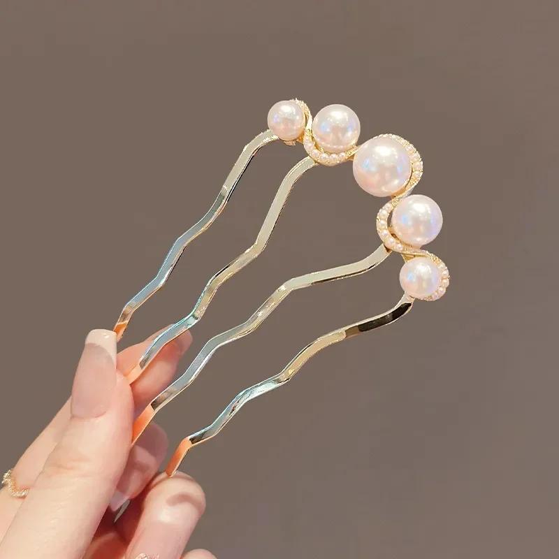 2 pezzi Fermagli per Capelli a Forma di U con Perle Coreani per Donne Forchette Metalliche Eleganti Fermagli Vintage con Perle Strumenti per Acconciatura Regali