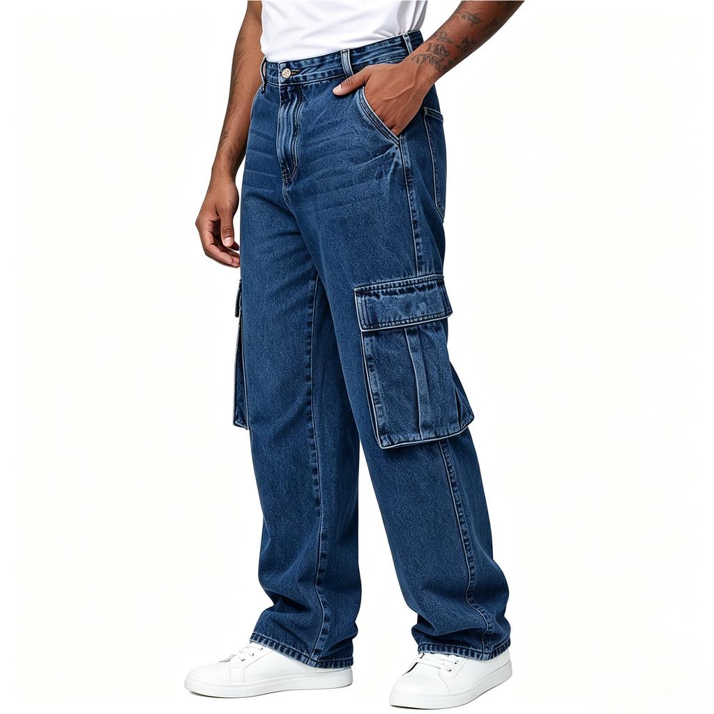 Men's Loose Fit Straight Leg Stretch Jeans with Multi-Pocket for Spring