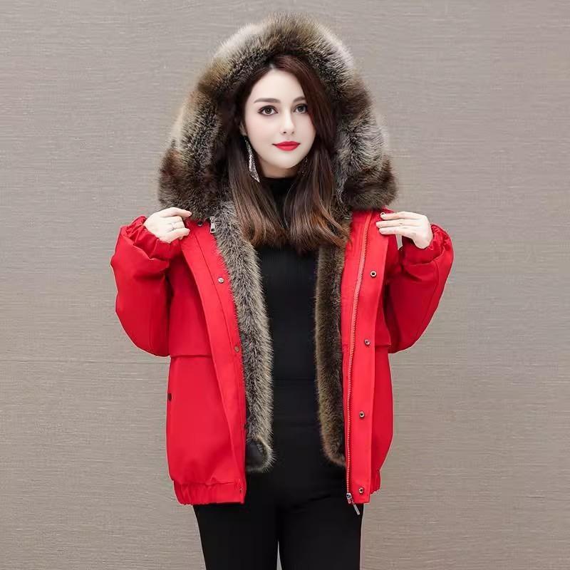 Womens Short False Fur Parka Hooded Outdoor Windbreaker Jacket 2026 Winter Street Style