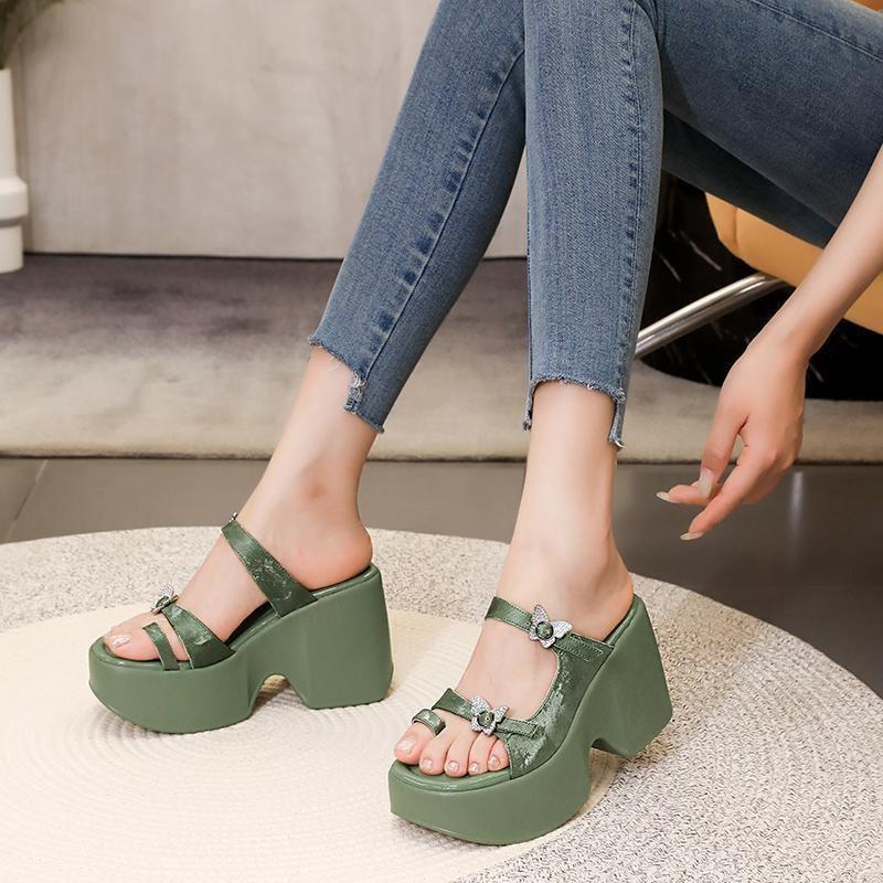 

Новая модная обувь на платформе с бабочкой, нескользящие шлепанцы с круглым носком и открытым носком на высоком каблуке, шлепанцы-клинья с ремешком через подъем, женские 39 зелёный