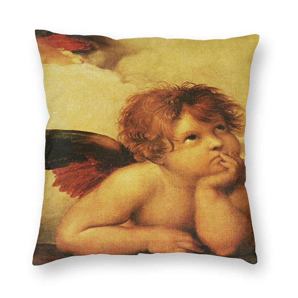 Raffaello Sistine Madonna Two Cherubs Square Pillowcase Polyester Linen Velvet Creative Zip Decorative Room Cushion Cover