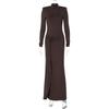 Shemoda Fashion Style Half Turtleneck with Shoulder Pad Long Sleeves Dress Women's High Waist with Straps Slim Fit Slit Long Skirt