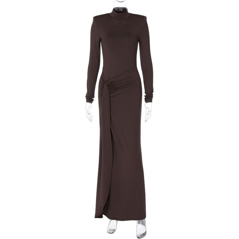 Shemoda Fashion Style Half Turtleneck with Shoulder Pad Long Sleeves Dress Women's High Waist with Straps Slim Fit Slit Long Skirt