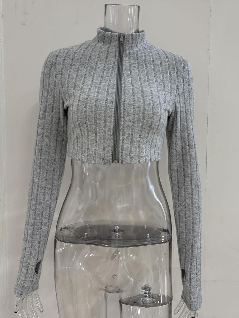 Damen einfarbiges geripptes Zweiteiler-Set: Reißverschluss-Cardigan-Top & High-Waist-Schlaghosen-Anzug für Herbst/Winter.