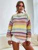 Women's Rainbow Striped Knit Sweater Crew Neck Long Sleeve Loose Oversized Pullover Casual Autumn Winter Jumper