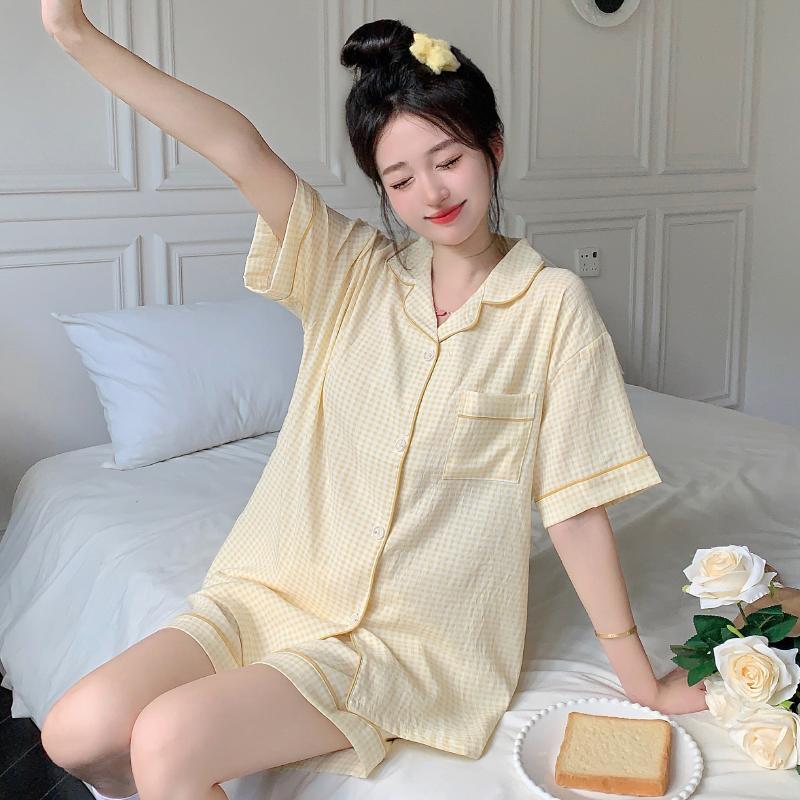 Summer Women Short Sleeve Top and Shorts 2 Piece Set Pajamas Female Thin Cotton Fashion Sleepwear Pink Plaid Cardigan Pyamas Set