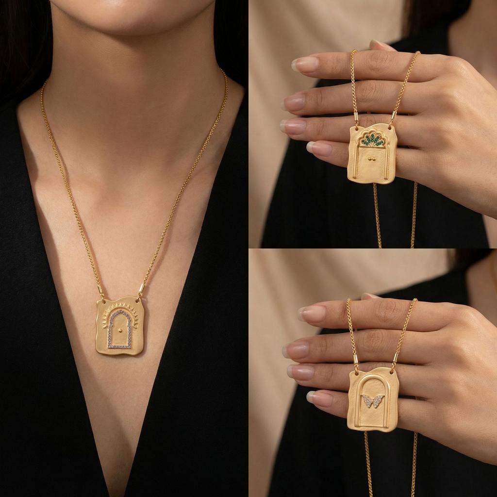 Retro Elements Tarot Card Opening And Closing Necklace Butterfly Rebirth Gate Diamond Pendant Design Sense Heavy Industry Gold-Plated Jewelry