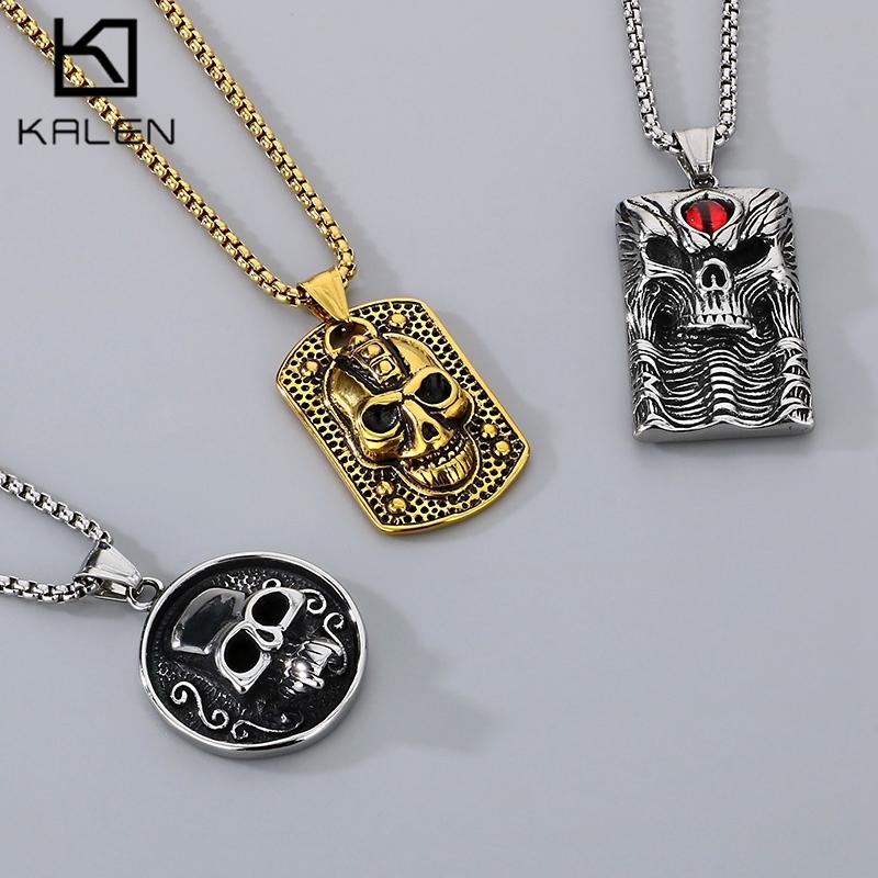 Vintage Skull Square Pendant Necklace for Men Stainless Steel Round Charm Pendant Domineering Trend Jewelry Gift