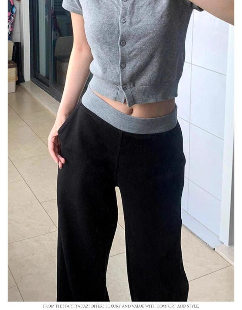 Women's Black Sports Sweatpants - Loose, Straight, Wide-Leg, Floor-Length, Slimming Drape, Spring Casual Wear