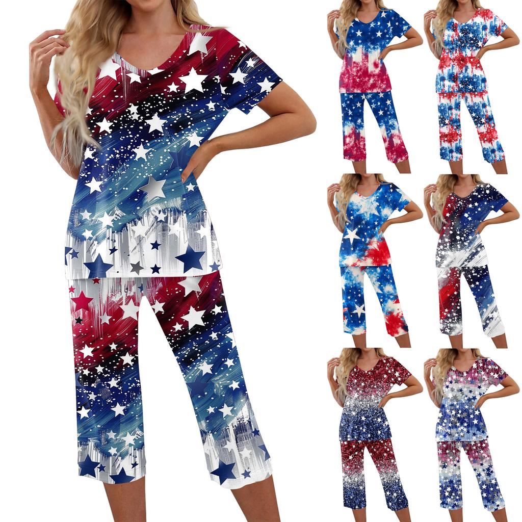 2 Piece Sets For Women Short Sleeve Top And Pants With Pockets Workout Soft Print Sets