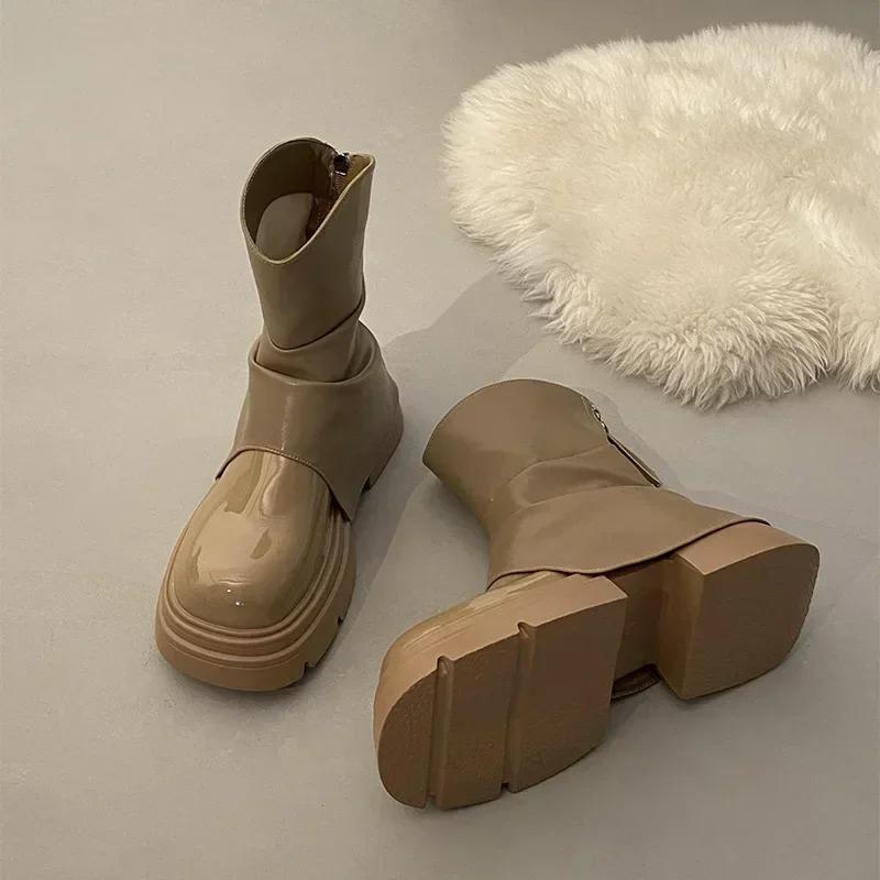 Women Soft Leather Chelsea Boots Woman Winter Ankle Boots Square Toe Flats Platform Shoes Fashion Ladies Short Pants Botas Goth