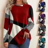 Maglietta da donna autunnale, pullover, felpa a maniche lunghe, patchwork geometrico, morbida e leggera, ampia