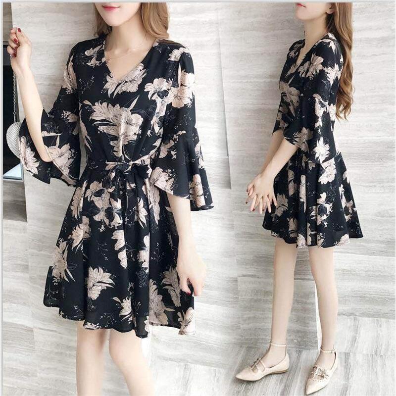Summer Women's Sexy Pleated Beach Skirt Printed Casual Mid-length Dress