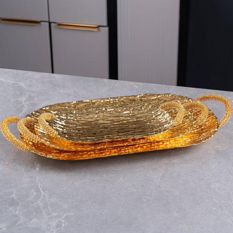European Fruit Tray, Household Metal Bark Texture Shape Exquisite Handle Cake Plate,Gold Snack Plate Wedding Decoration,20inch