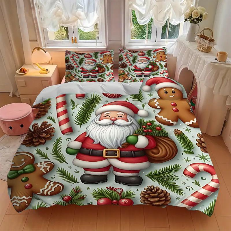 3pcs Christmas Holiday Gifts, Santa Claus & Gingerbread Man Bedding Set with 1 Quilt Cover and 2 Pillowcases (No Core), Anime Cartoon Design