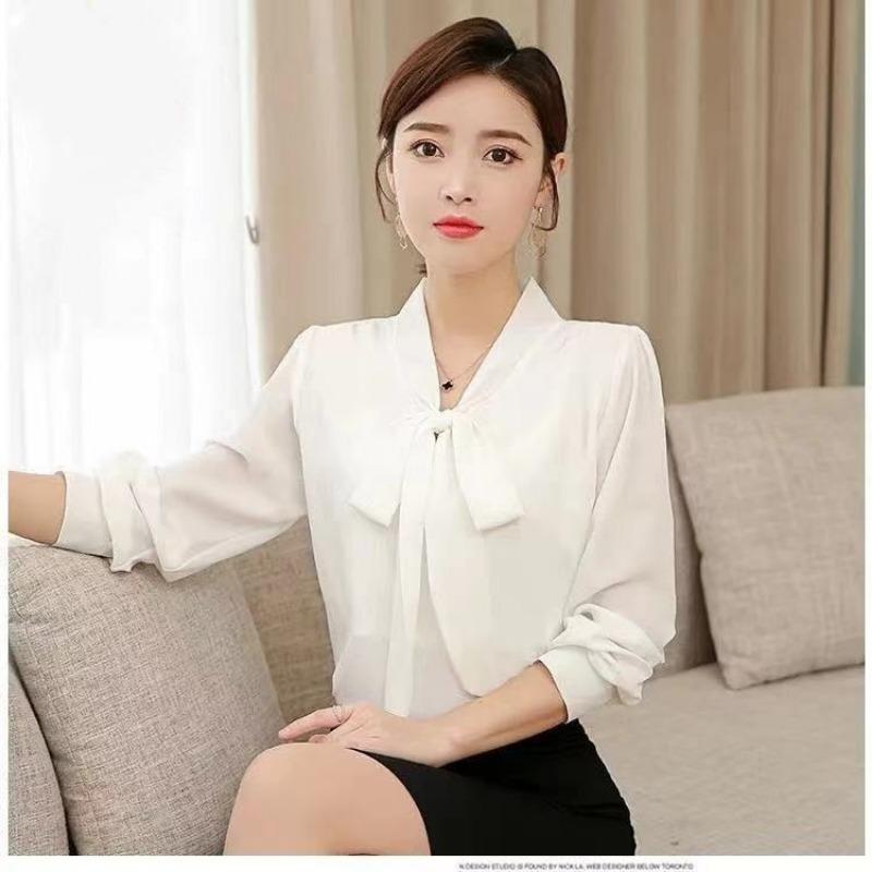 Spring Autumn Elegant Fashion Scarf Collar Lace Up Shirt Women Long Sleeve Solid Collar Pullover Blouse Top