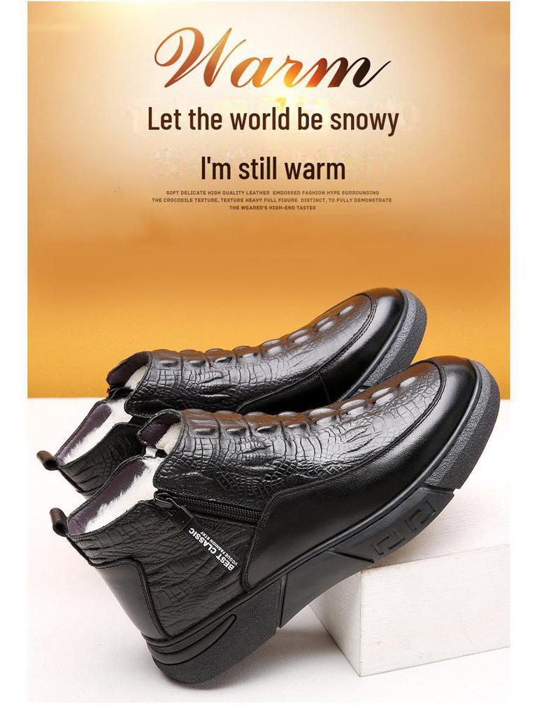 Men's Winter Crocodile-Pattern Cowhide Leather Cotton Shoes with Wool Lining