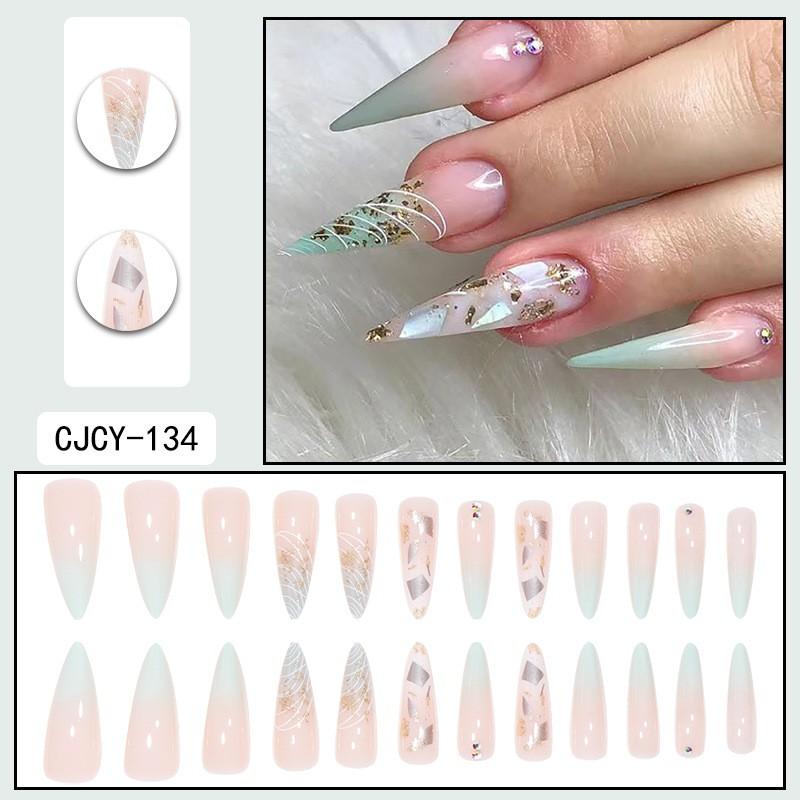 Long Press-On Nails With Adhesive Tabs Full Cover Fake Women INS Style Acrylic Nail Tips Reusable Wearable Art