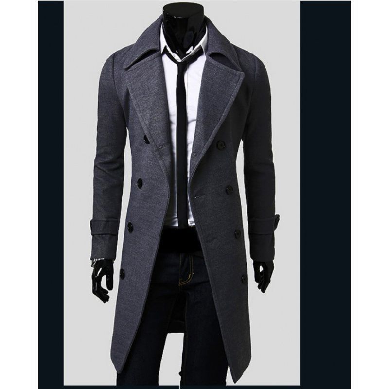 New Men's Double-breasted Windbreaker Medium and Long Trendy Slim-fit Casual Wool Coat