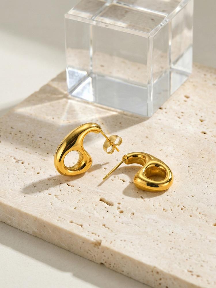 waterproof Stainless Steel Geometric Hollow Out Stud Earrings, Modern Minimalist Gold Plated Earrings for Women