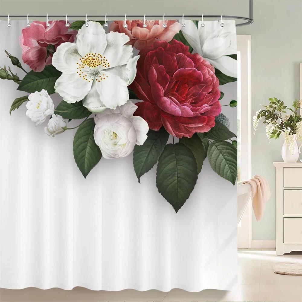 1Pcs Elegant Rose Flower Printed Fabric Waterproof Shower Curtain, Romantic and Fashionable Rose Bathroom Decoration, with Hooks