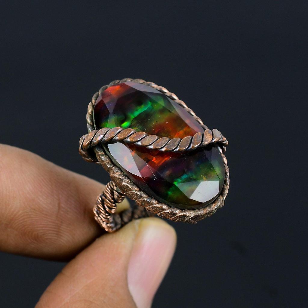 Ammonite Gemstone Copper Wire Wrapped Handmade Jewelry Ring For Her All Size