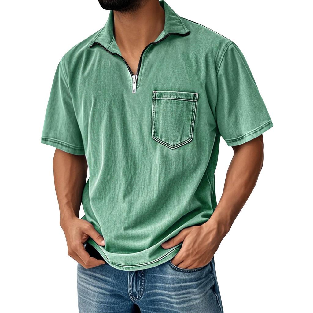 Men's Summer Color Vintage Zipper Pocket Lapel Short Sleeve Shirt Tops