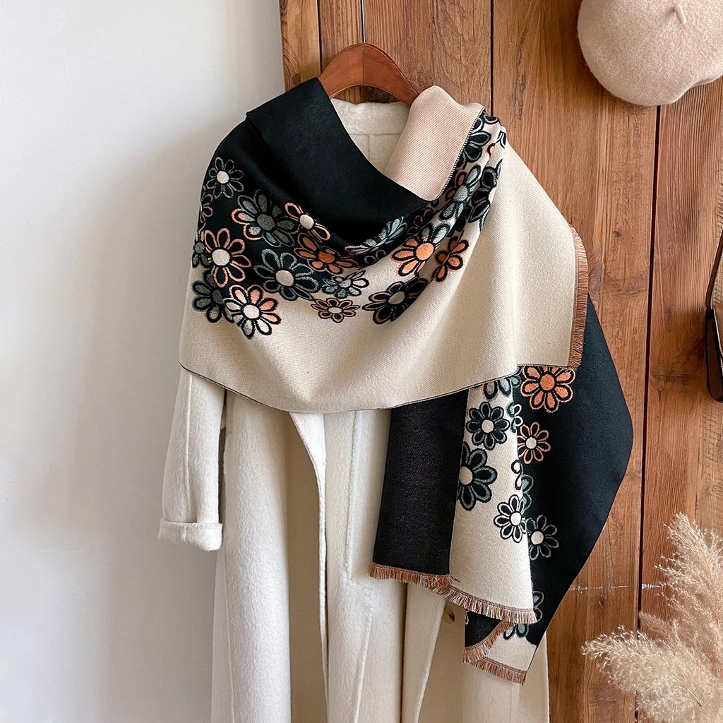 Luxury Winter Cashmere Scarf Women Design Warm Pashmina Blanket Poncho Scarves Female Flower Shawl Thick Foulard Bufanda