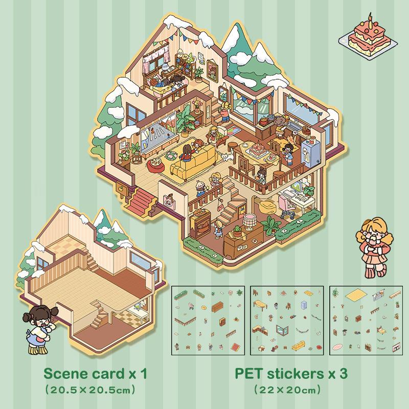 

1 комплект милых мультяшных мини-наклеек с пейзажами мира, карманные 3D-наклейки для сцен из домика, наклейки для наклеивания, миниатюрные наклейки для сцен A8