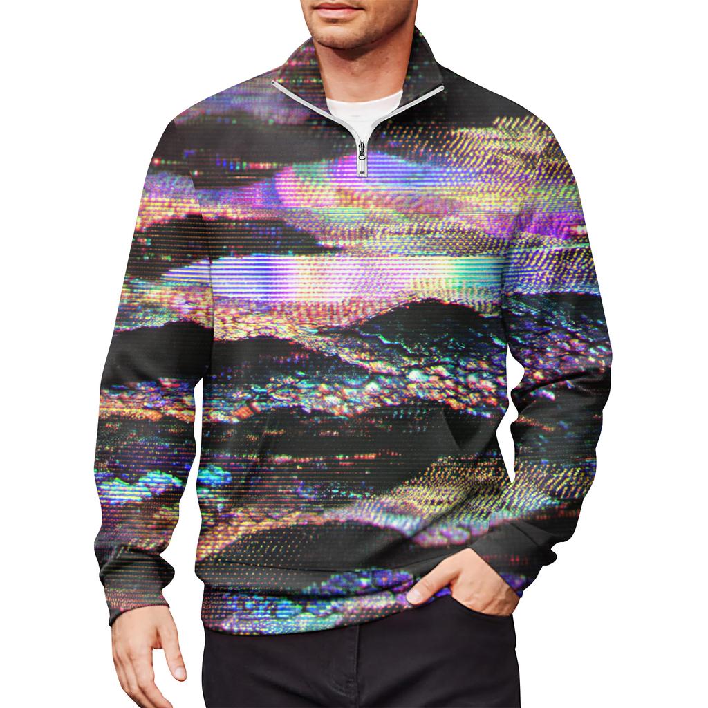 Men's Loose Casual 1/4 Zip Sweatshirt Fashion Printed Long Sleeve Top With Pockets