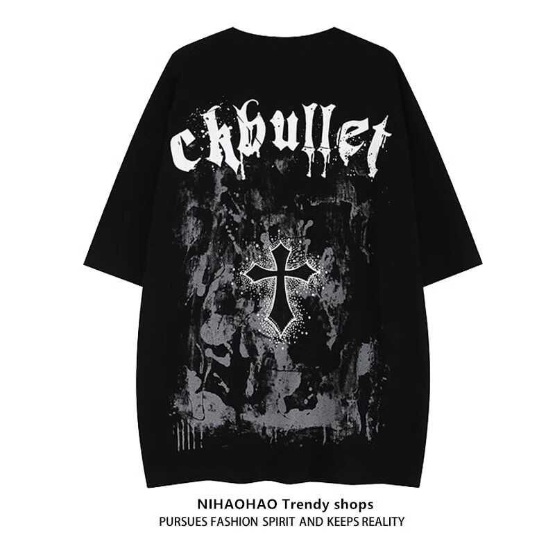 

Модная трендовая футболка с принтом креста, с коротким рукавом, мужская и женская, большого размера, плюс сайз, женская свободная, легко сочетается, в темном стиле, парные топы Black M(Recommended less than 50.00kg)