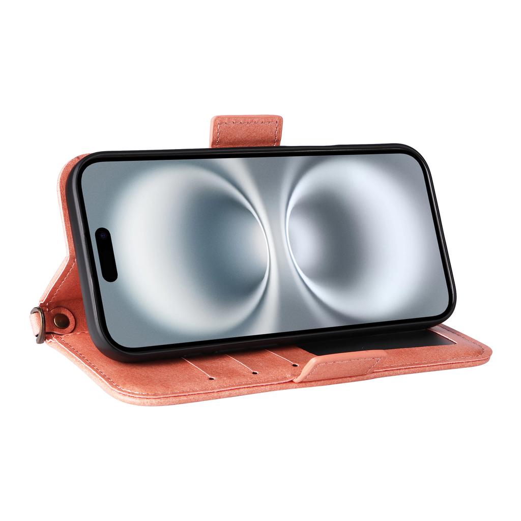 For iPhone 16 Leather Case Magnetic Closure Wallet Stand Phone Cover with Crossbody Strap