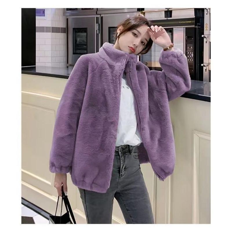 Women Plus Size Fleece Lined Zip Up Stand Collar Loose Winter Coat