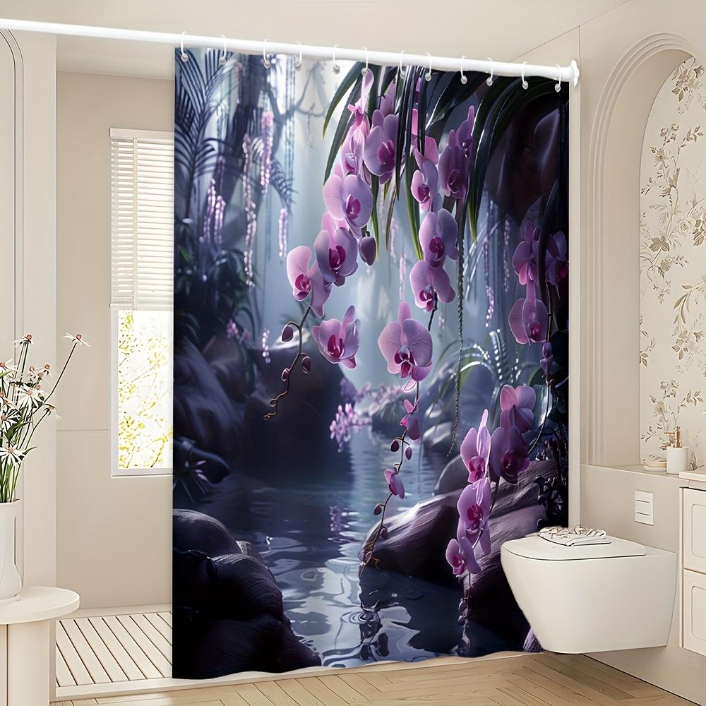 Mystical Orchid Shower Curtain - Serene Purple Flower & Waterfall Theme For Bathroom Decor,Adds Tranquil Beauty And Exotic Charm