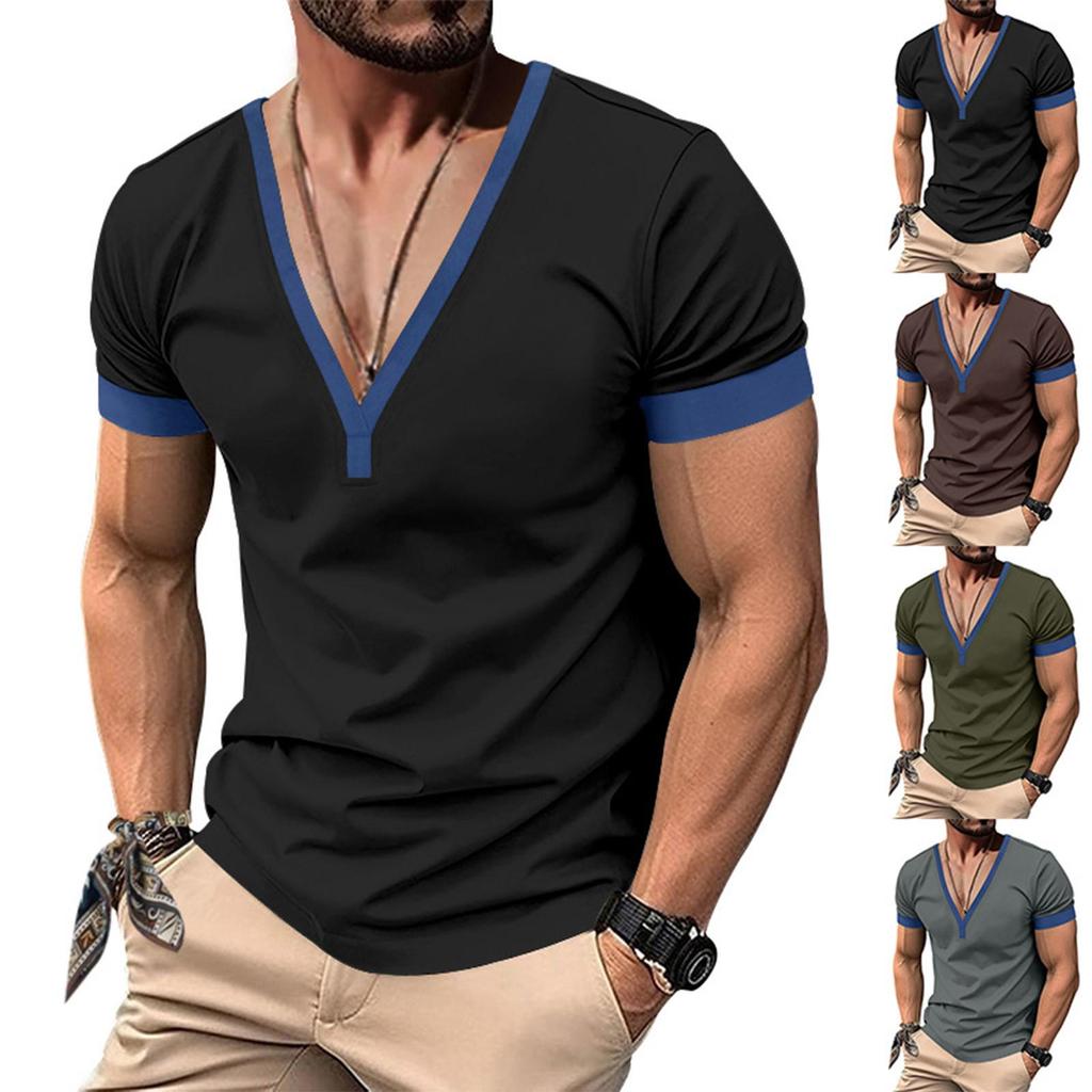 Men'S Fashionable Casual V-Neck T-Shirt Button Short Sleeved Top