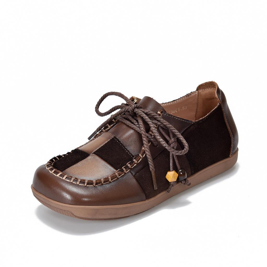 Johnature Genuine Leather Contrasting Color Flat Shoes Square Toe Stitched Lace Up Soft Soled Women's Shoes