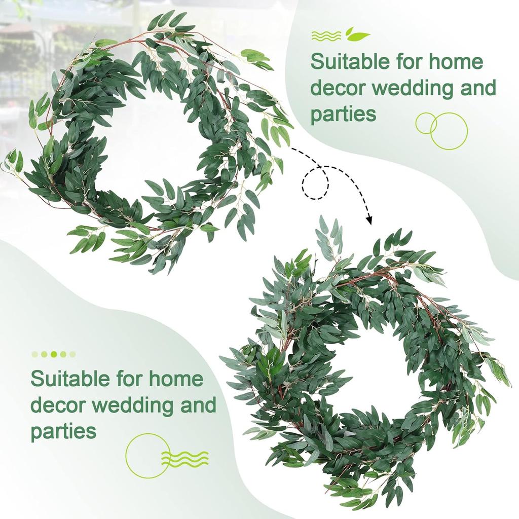 Janinka 5 Pack 6 ft Artificial Willow Leaves Garland Hanging Greenery Vine Twigs Italian Ruscus Fake Plant Faux Silk Ivy Wedding Garland for Home