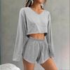 Women S Gray Long Sleeve Crop Top And Shorts Two Piece Set