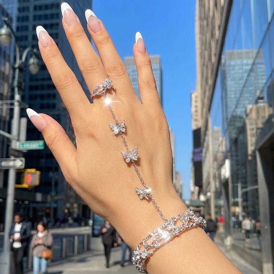Women Silver Crystal Zircon Butterfly Hand Chain Finger Ring Bracelet Rhinestone Party Jewelry