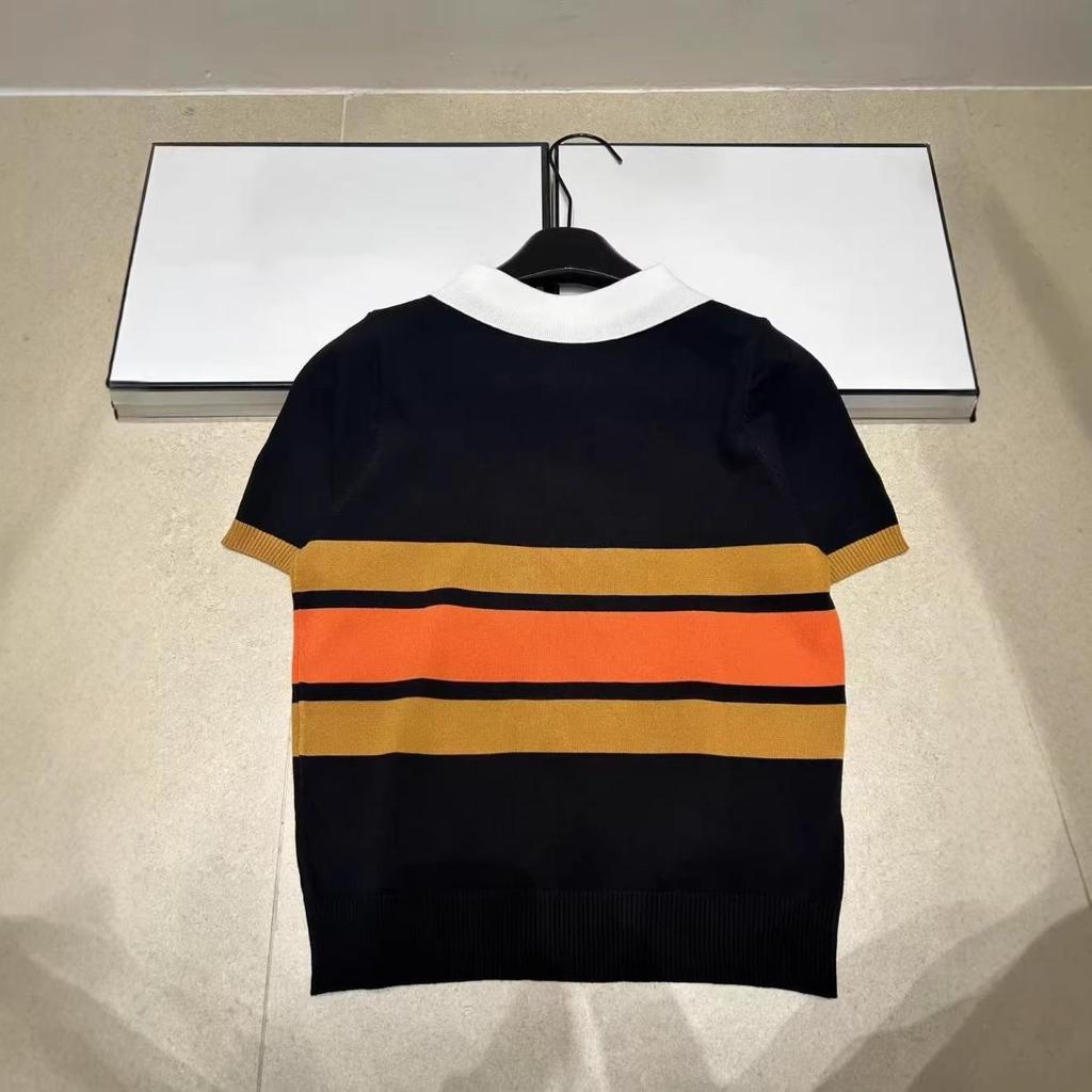 Little Horse Striped Lapel Knit Top: Casual Summer 2026 Short Sleeve