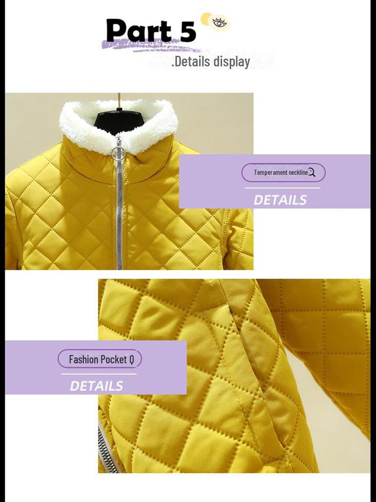 2024 Fall/Winter Women's Lambskin Cotton Coat - Stand-up Collar, Casual Loose Fit, Warm and Stylish Diamond Check Design.