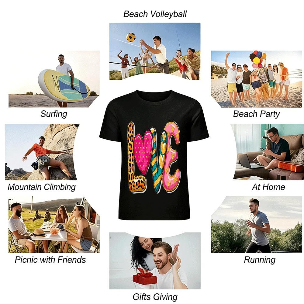 Retro Heart Leopard Print LOVE Graphic Casual Long Sleeve Top Pure cotton T-shirt
