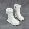Winter Snow Boots Leather Plush Warm Solid Color Thick Sole Women's Mid-calf Short Boots