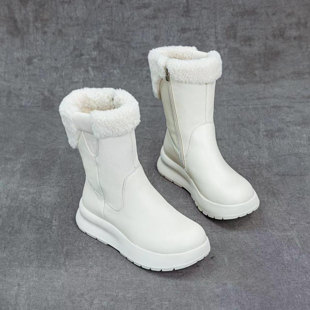 Winter Snow Boots Leather Plush Warm Solid Color Thick Sole Women's Mid-calf Short Boots