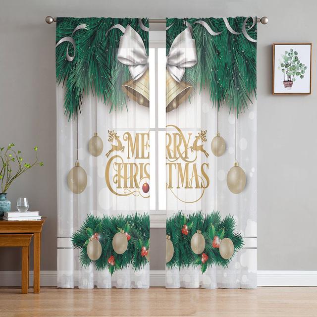 Christmas White Snow World Tulle Curtains For Living Room Decoration Modern Chiffon Sheer Voile Christmas Curtains