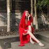Ethnic Style Retro Red Dress with Detachable Hood - Qinghai Lake Tibet Travel Cotton Linen Long Dress
