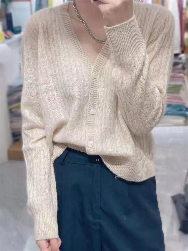 

Женский кардиган из 100% шерсти с V-образным вырезом и кабельным узором - Свитер-пальто в стиле весна/осень Medium