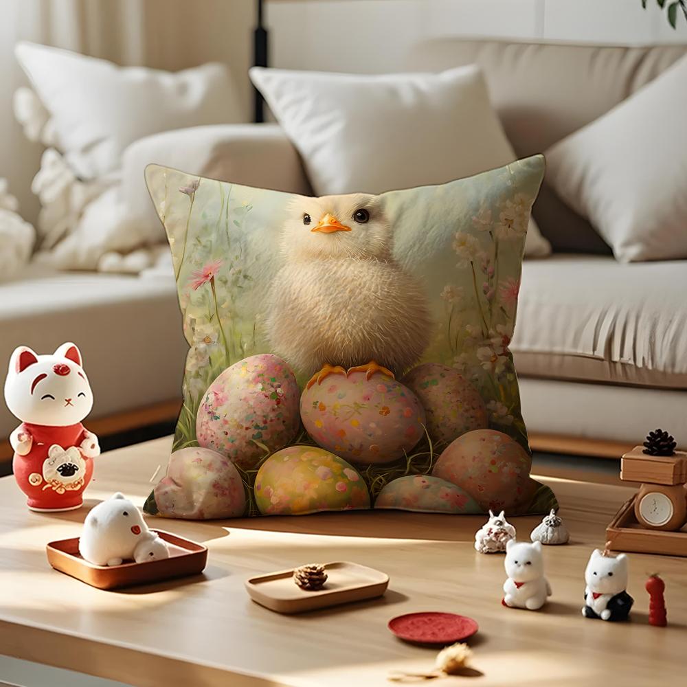 Happy Easter Bunny Cushion Cover Silky Short Plush with Invisible Zipper Dustproof Sofa Pillow Case for Home Decor