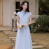 **2025 Summer Blue Plaid Sleeveless Polo Collar Slim Waist Vest Dress**