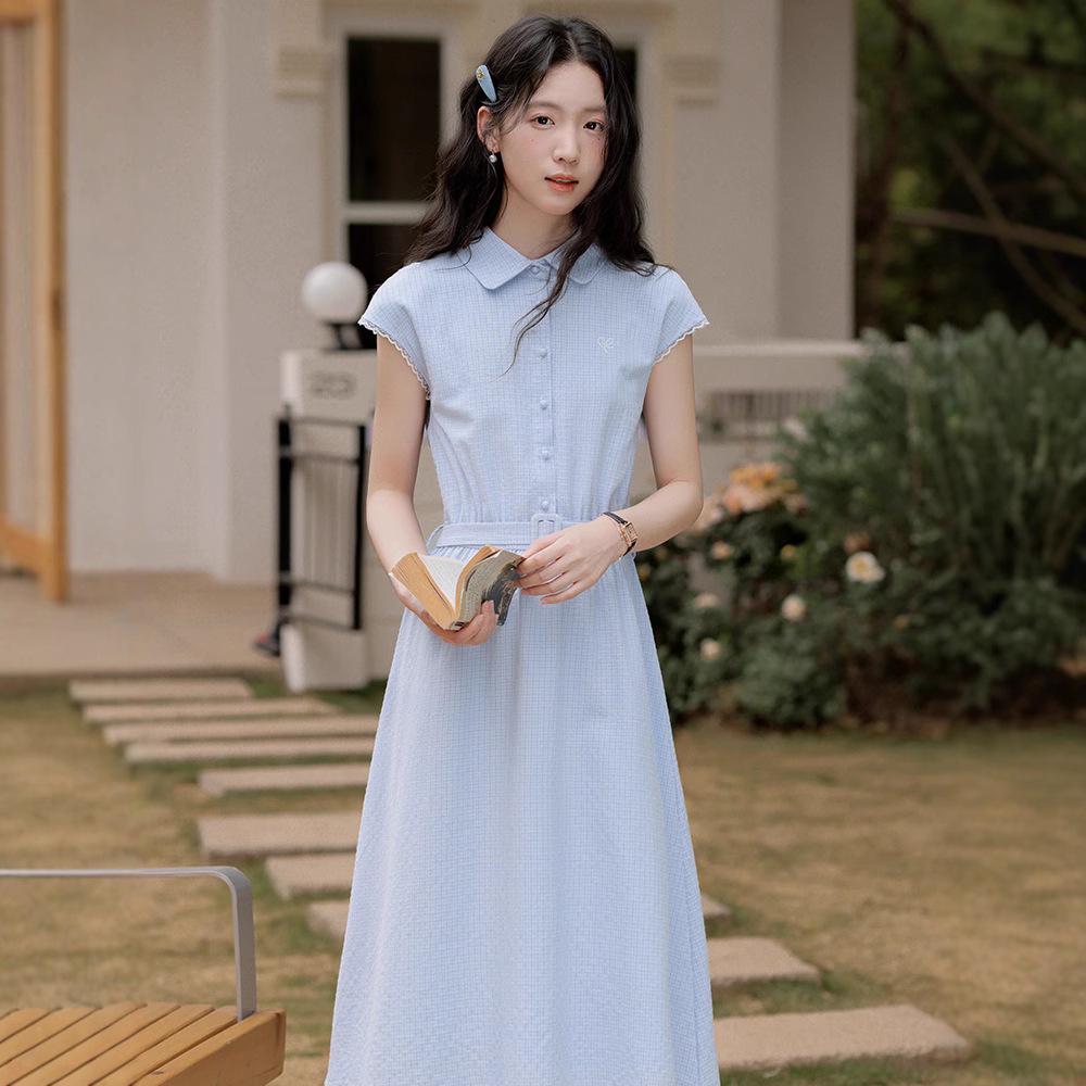 **2025 Summer Blue Plaid Sleeveless Polo Collar Slim Waist Vest Dress**